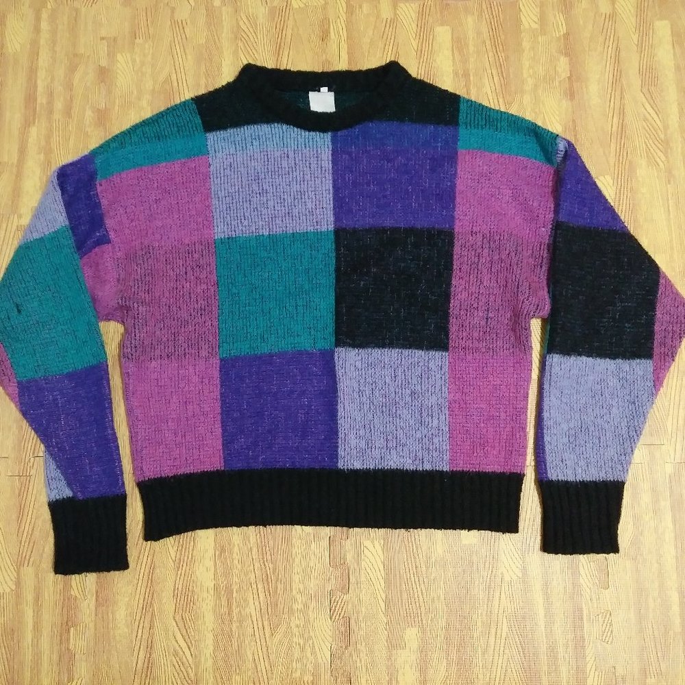 Vintage Color Blocked Checker Wool Cropped Italian Sweater